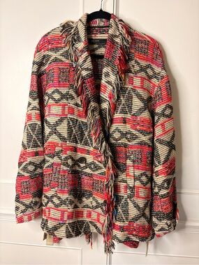 Zara Fringe Open-Front Patterned Jacket - Red & Cream